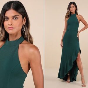 LULU's Chic Sexy Sophisticated Prom Wedding Ruffle Hem Halter Neck Trumpet Maxi